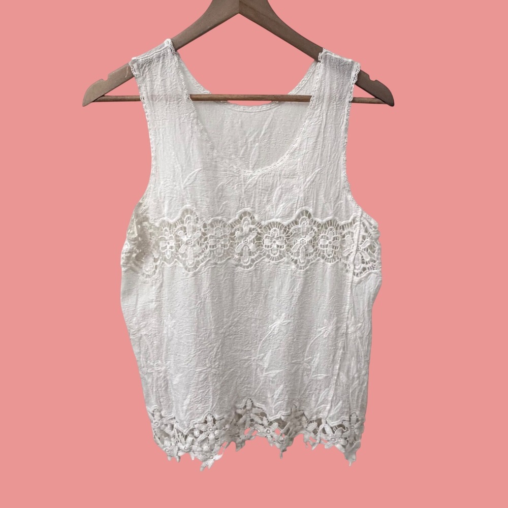 Crochet Lace Floral Embroidered Tank Top Med White Boho Gauze‎